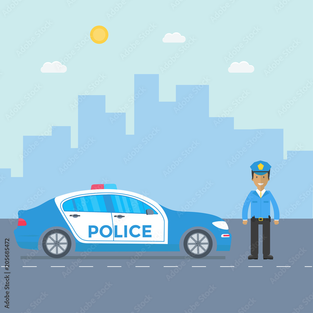 Police patrol on a road with police car, officer, city, nature landscape. Police patrol on a road with police car, officer, city, nature landscape.