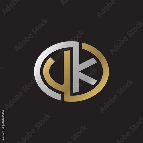 Initial letter UK, looping line, ellipse shape logo, silver gold color on black background