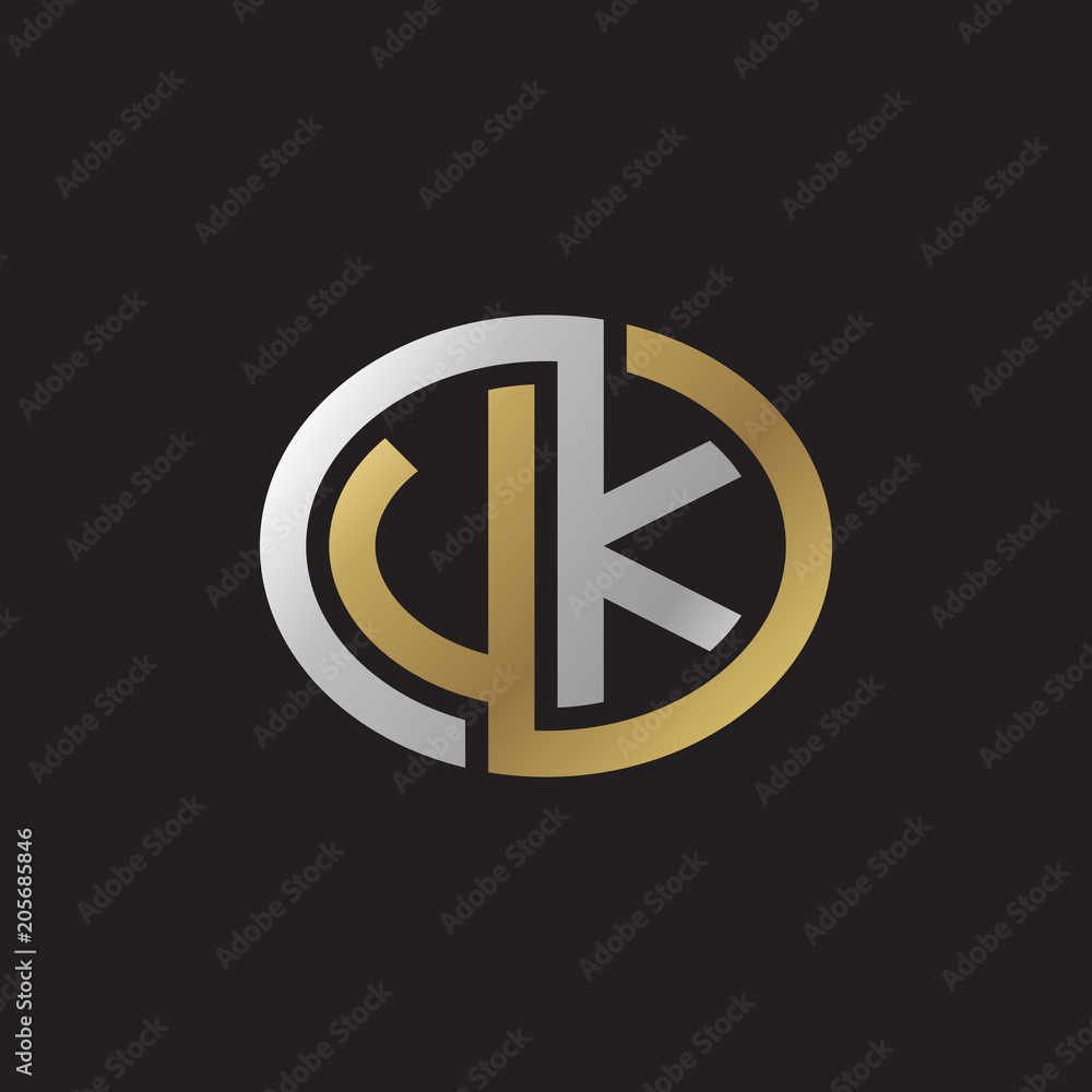Initial letter VK, UK, looping line, ellipse shape logo, silver gold color on black background Initial letter VK, UK, looping line, ellipse shape logo, silver gold color on black background