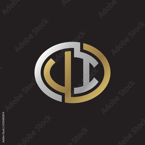 Initial letter VI, UI, looping line, ellipse shape logo, silver gold color on black background