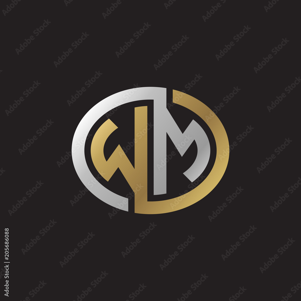 Initial letter WM, looping line, ellipse shape logo, silver gold color on black background Initial letter WM, looping line, ellipse shape logo, silver gold color on black background