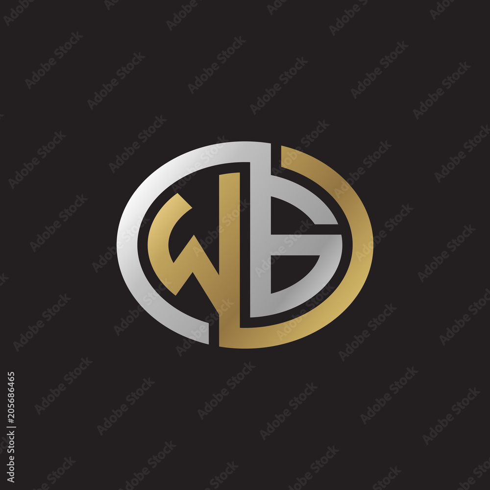 Initial letter WG, looping line, ellipse shape logo, silver gold color on black background Initial letter WG, looping line, ellipse shape logo, silver gold color on black background