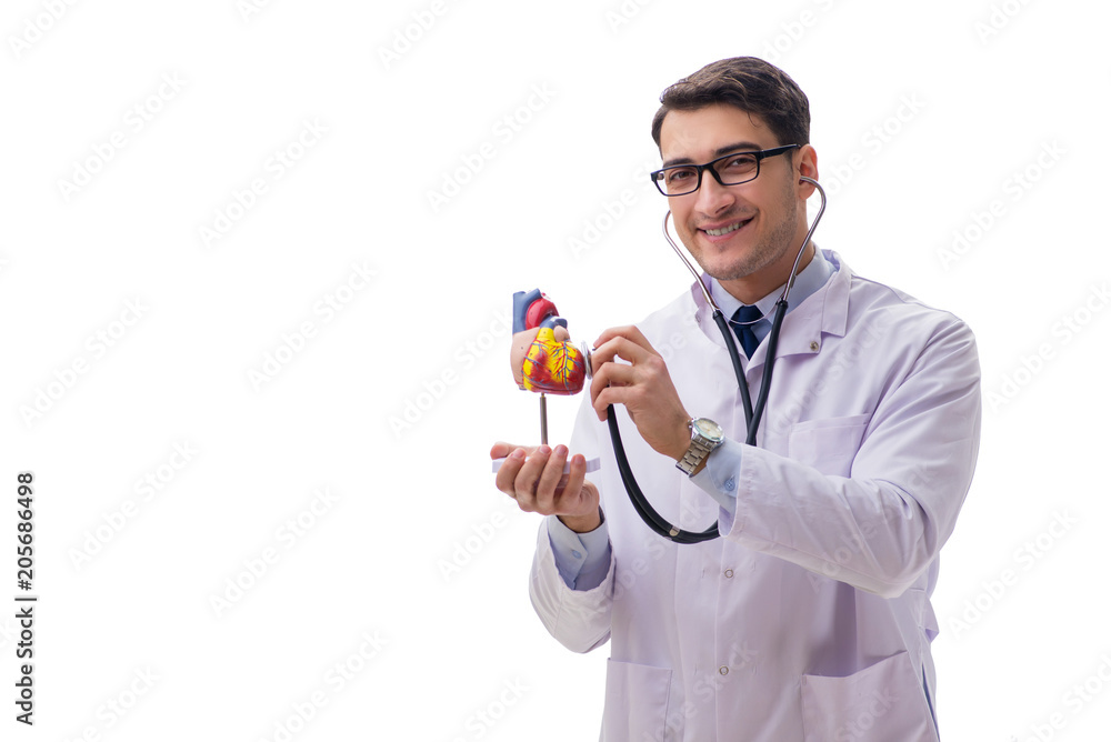 Young doctor with heart shape isolated on white Young doctor with heart shape isolated on white
