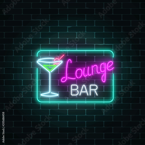 Neon cocktails lounge bar sign in rectangle frame. Glowing gas advertising with glasses of alcohol shake.