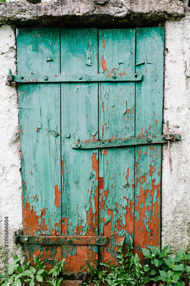 Old green wooden door in a white wall. Barn. Cracked. The door to the hinges. Peeling red paint. Basement.