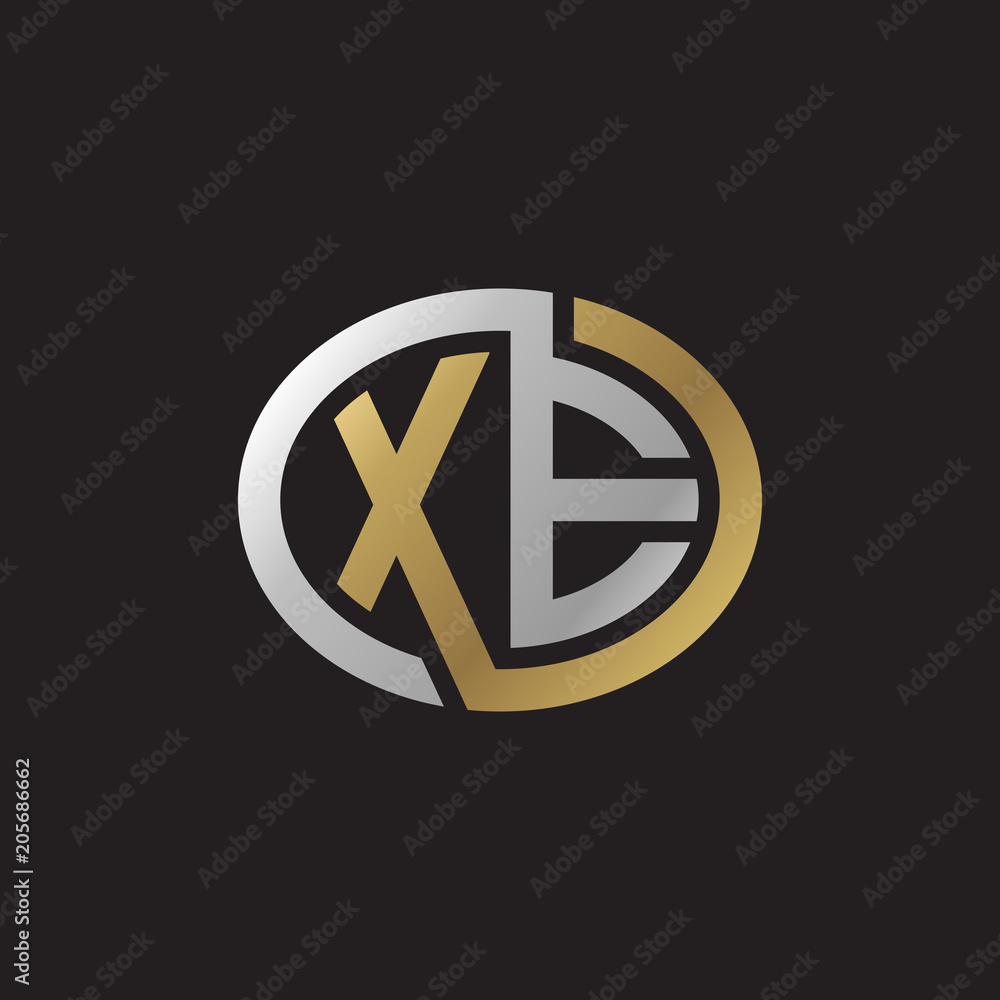 Initial letter XE, looping line, ellipse shape logo, silver gold color on black background Initial letter XE, looping line, ellipse shape logo, silver gold color on black background