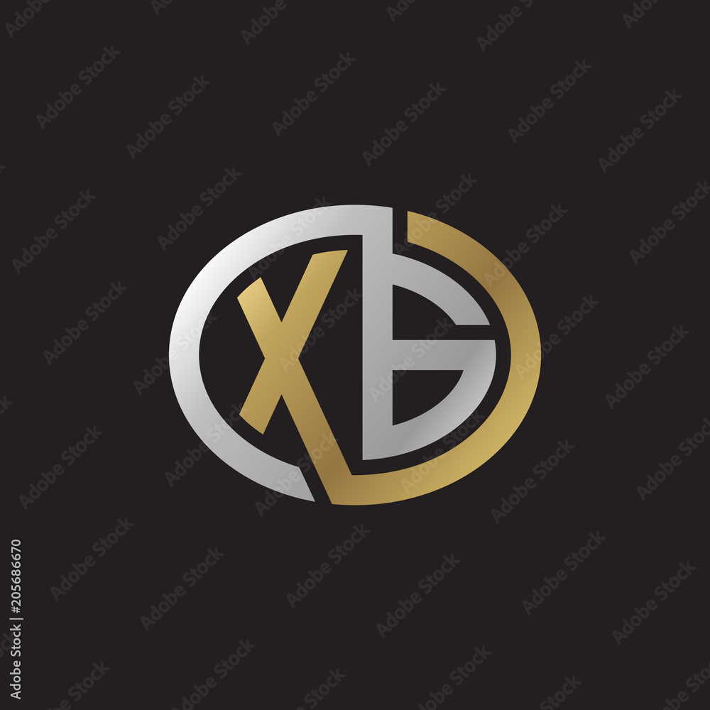 Initial letter XG, looping line, ellipse shape logo, silver gold color on black background Initial letter XG, looping line, ellipse shape logo, silver gold color on black background