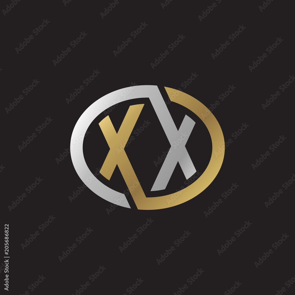 Initial letter XX, looping line, ellipse shape logo, silver gold color on black background Initial letter XX, looping line, ellipse shape logo, silver gold color on black background