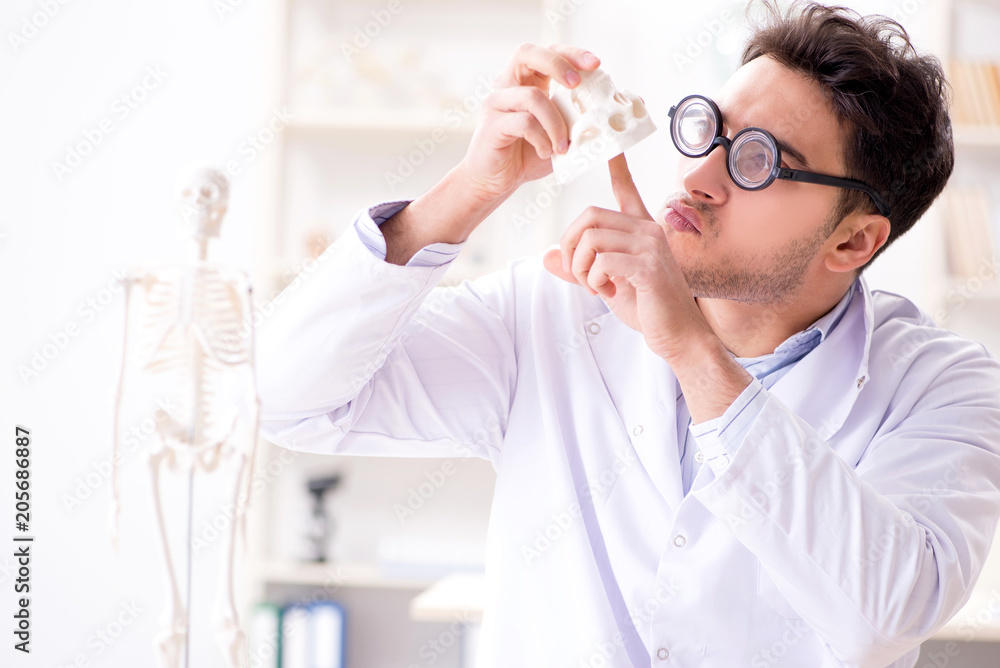 Crazy doctor studying human skeleton Crazy doctor studying human skeleton