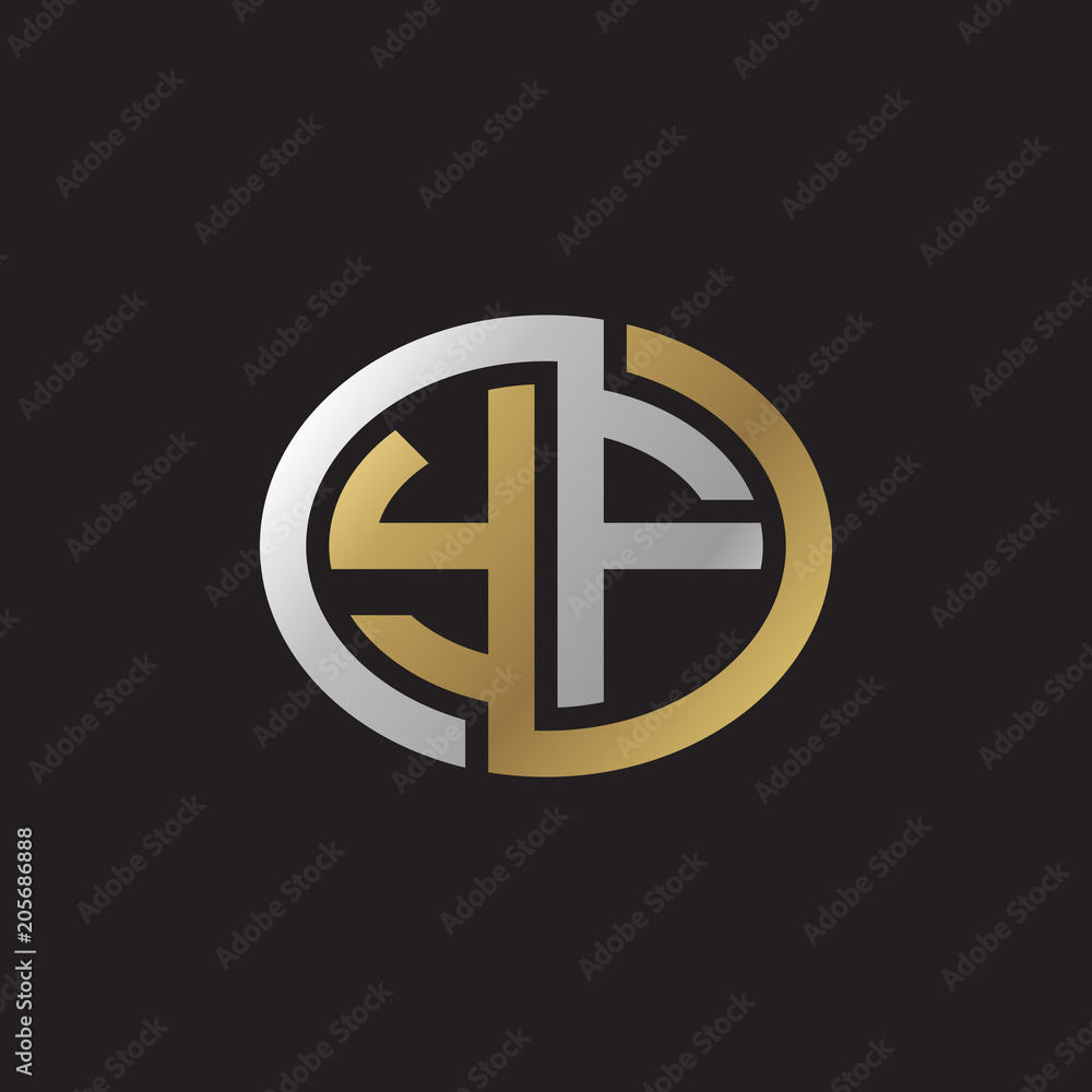 Initial letter YF, looping line, ellipse shape logo, silver gold color on black background Initial letter YF, looping line, ellipse shape logo, silver gold color on black background
