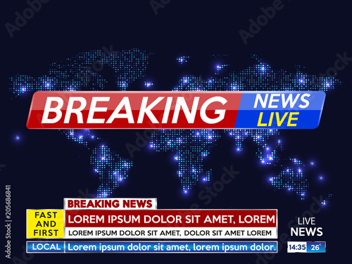Background screen saver on breaking news. Breaking news live on blue background with light dots and world maap. Vector illustration.