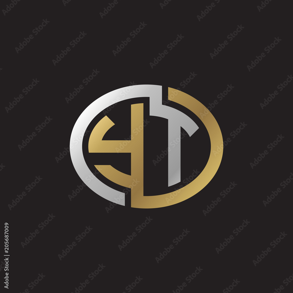 Initial letter YT, looping line, ellipse shape logo, silver gold color on black background Initial letter YT, looping line, ellipse shape logo, silver gold color on black background