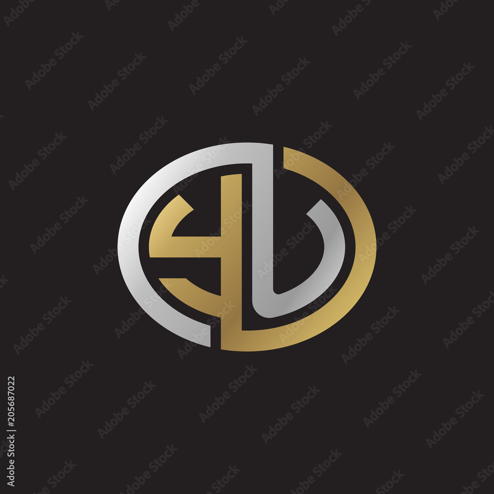 Initial letter YU, looping line, ellipse shape logo, silver gold color on black background Initial letter YU, looping line, ellipse shape logo, silver gold color on black background