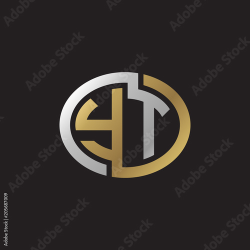 Initial letter YT, looping line, ellipse shape logo, silver gold color on black background