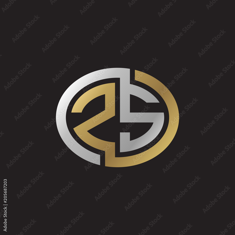 Initial letter ZS, looping line, ellipse shape logo, silver gold color on black background Initial letter ZS, looping line, ellipse shape logo, silver gold color on black background