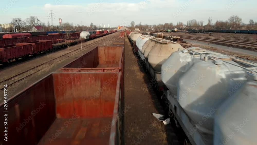 Old and rusty industrial train tracks drone shot Old and rusty industrial train tracks drone shot