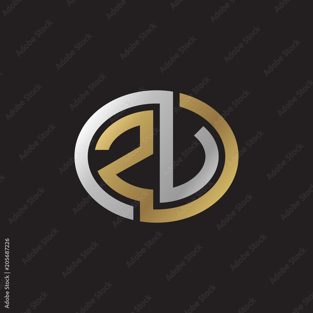 Initial letter ZV, looping line, ellipse shape logo, silver gold color on black background Initial letter ZV, looping line, ellipse shape logo, silver gold color on black background