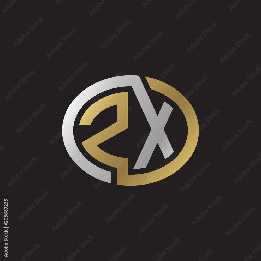 Initial letter ZX, looping line, ellipse shape logo, silver gold color on black background Initial letter ZX, looping line, ellipse shape logo, silver gold color on black background