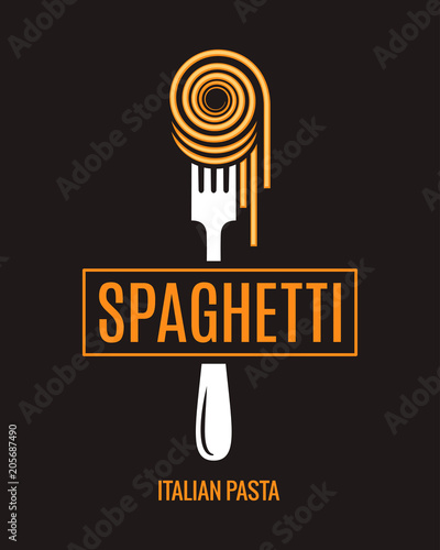 Spaghetti on fork design. Italian pasta logo on black background
