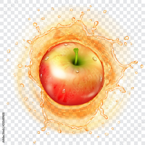 Red apple falling into yellow juice with translucent splash of water crown. Transparency only in vector format