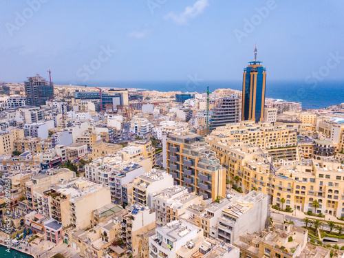 Beautiful aerial view of the Spinola Bay, St. Julians and Sliema town on Malta. 