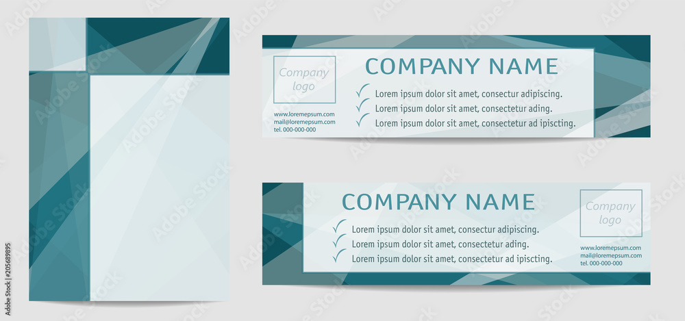 Layout set of book cover A4, header, footer. Turquoise tones. Geometric ...