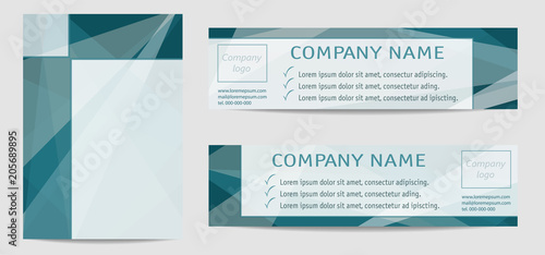 Layout set of book cover A4, header, footer. Turquoise tones. Geometric templates for banner, brochure, magazine, annual report, poster, flyer, portfolio. Vector background with transparent triangles