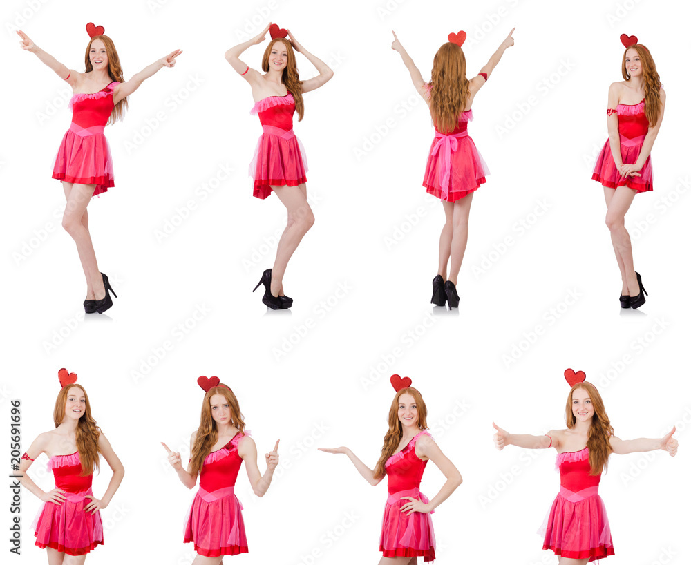 Pretty young model in mini pink dress isolated on white Pretty young model in mini pink dress isolated on white