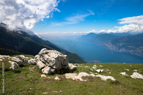 Panorama of the gorgeous Lake Garda surrounded by mountains in Monte Baldo Macesine, Provincia di Verona, Veneto, Italy