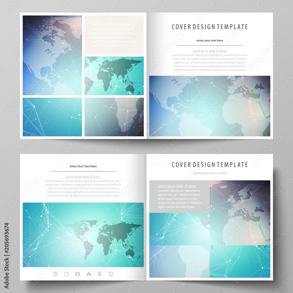 Fototapeta premium The minimalistic vector illustration of the editable layout of two covers templates for square design brochure, flyer, booklet. Molecule structure, connecting lines and dots. Technology concept.