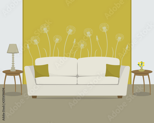 Living room in a yellow color. There is a white sofa in the background of wallpaper with a dandelions. There is also a vase with a bouquet of fresh dandelions on the table. Vector illustration