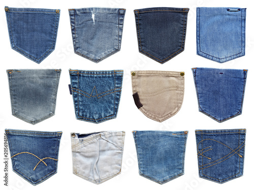 Jeans pocket isolated on white. Set of different jeans pocket.