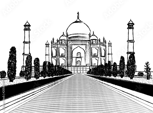 Taj mahal temple charcoal sketch on white background