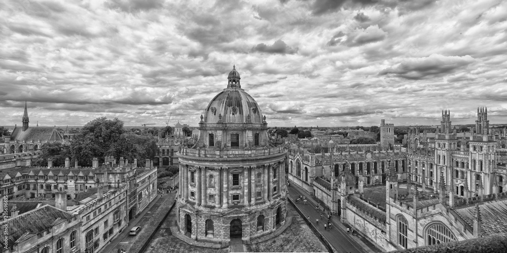Radcliffe Camera, Oxford University as seen from St. Mary's Church steeple in black and white.