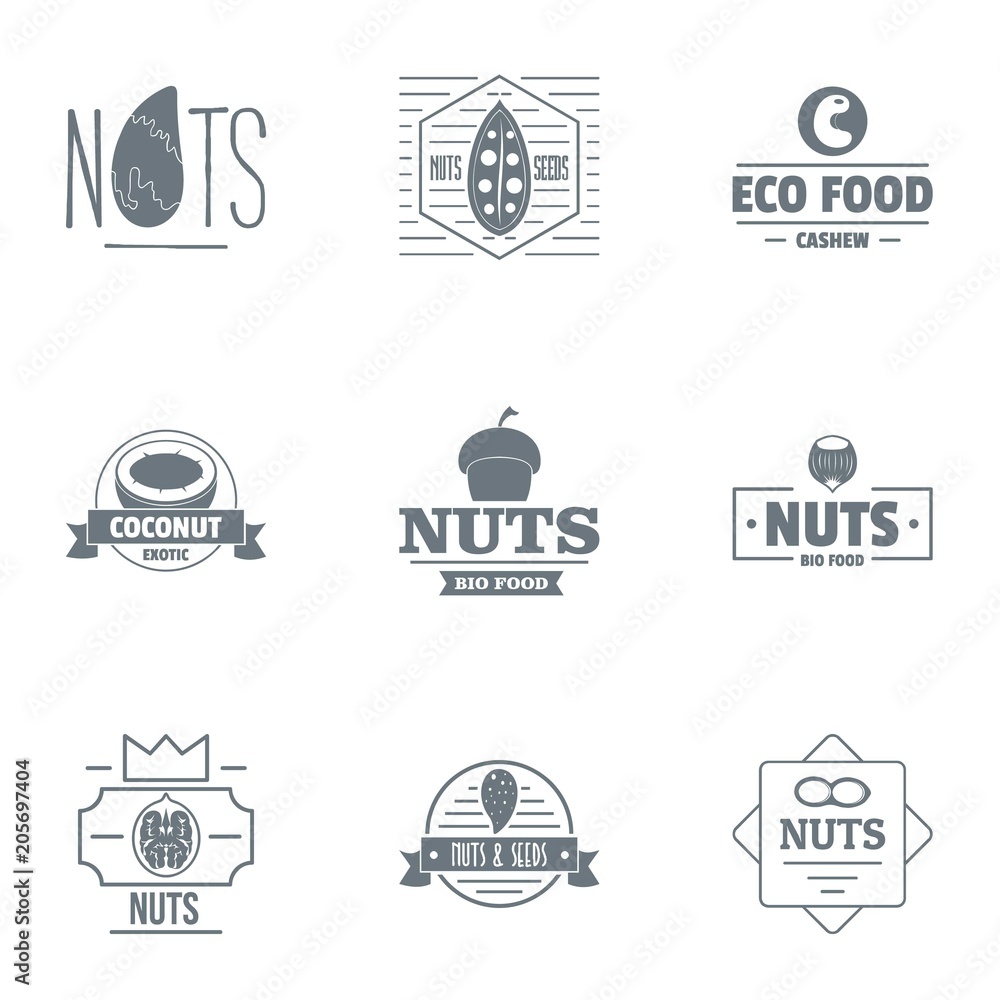 Walnut food logo set. Simple set of 9 walnut food vector logo for web isolated on white background