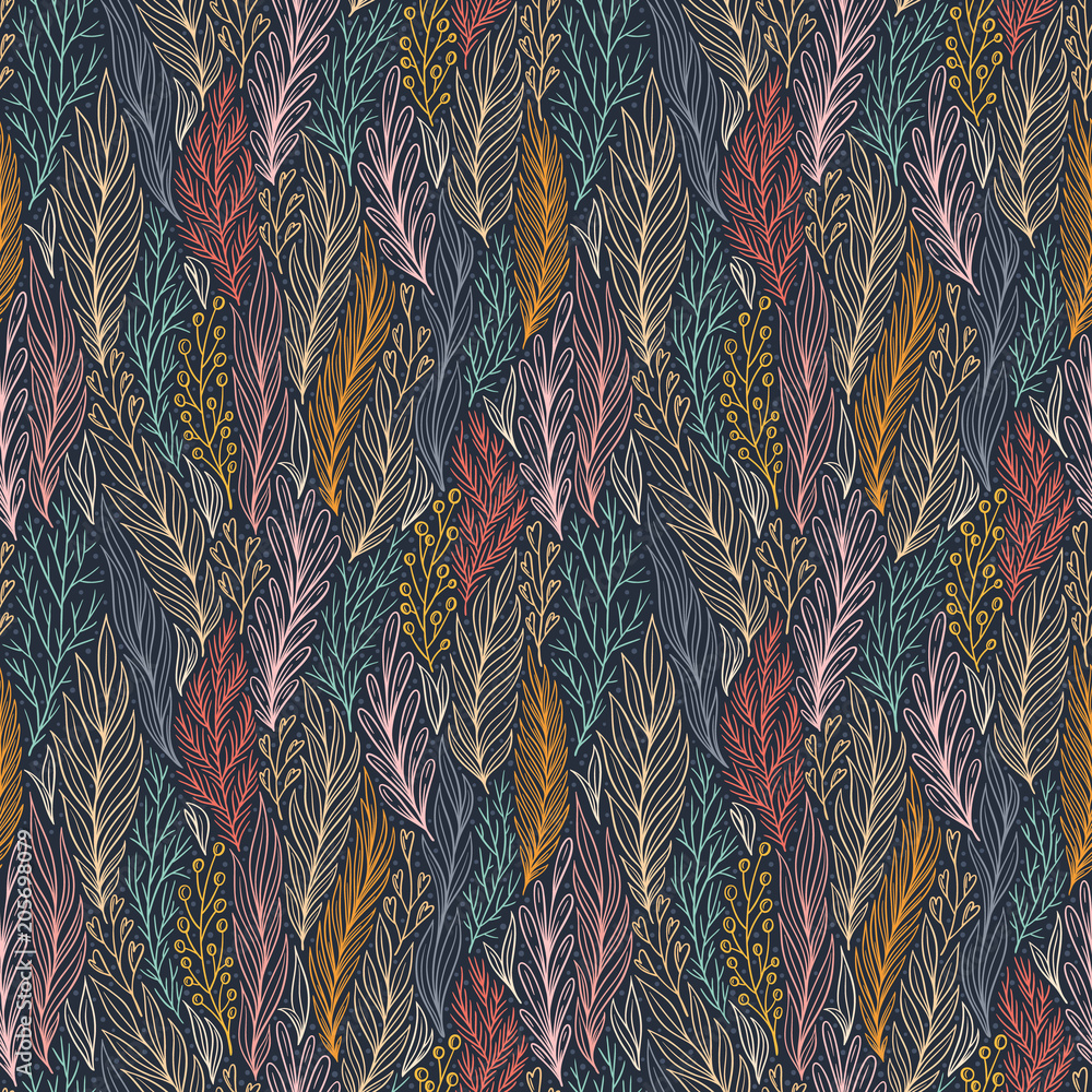 Hand drawn pattern with decorative floral ornament. Stylized colorful branches. Summer spring background, nature collection. Vector illustration Hand drawn pattern with decorative floral ornament. Stylized colorful branches. Summer spring background, nature collection. Vector illustration