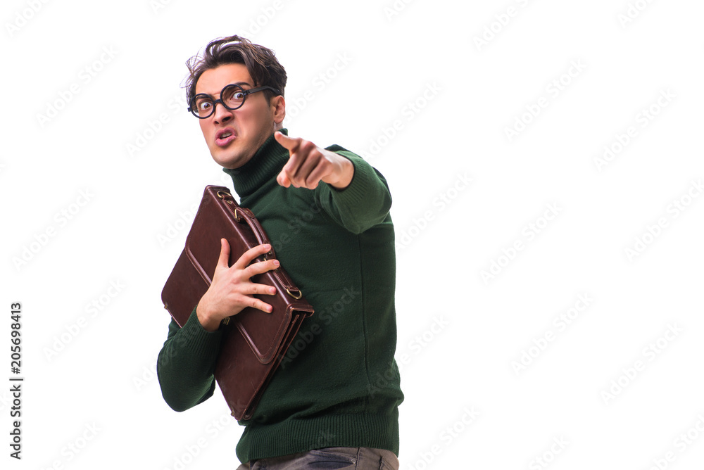 Nerd businessman with briefcase isolated on white Nerd businessman with briefcase isolated on white