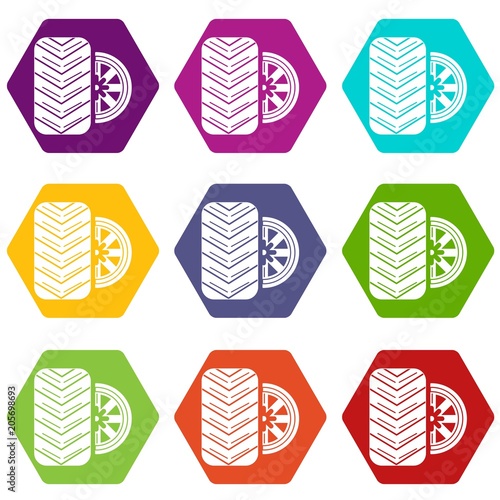 Tire icons 9 set coloful isolated on white for web