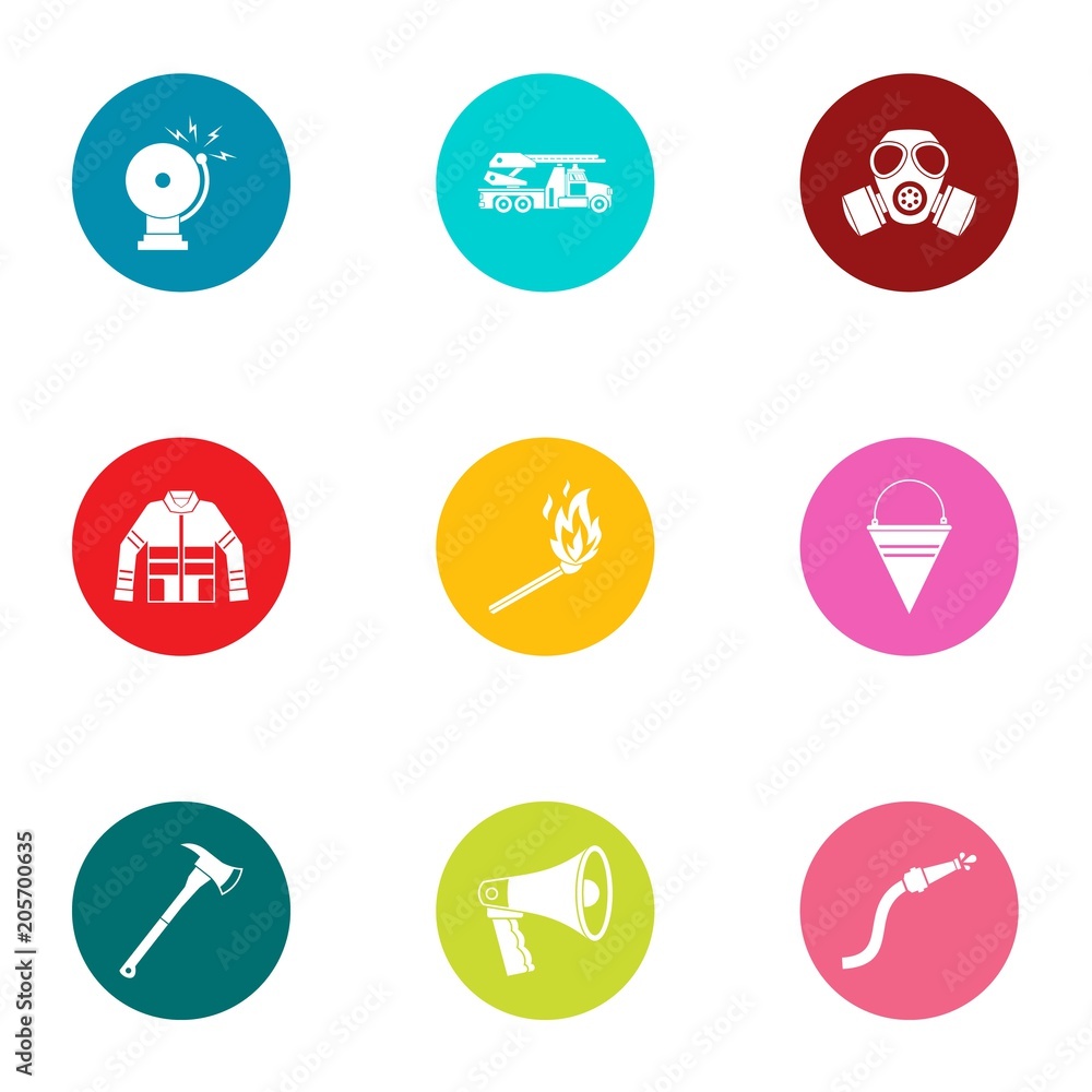 Firefighter icons set. Flat set of 9 firefighter vector icons for web isolated on white background