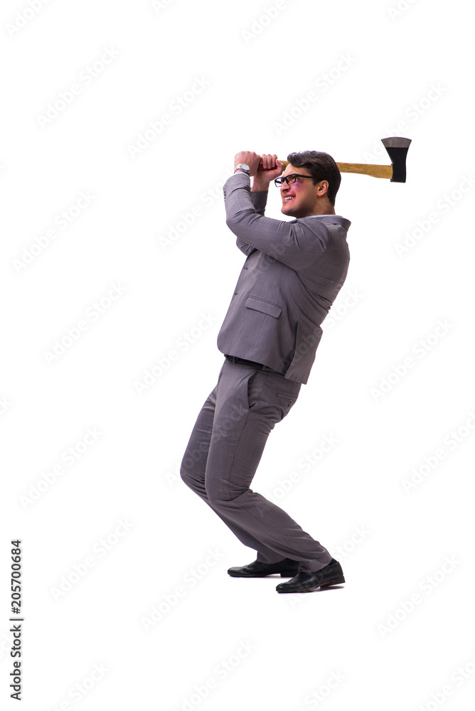 Angry businessman with axe isolated on white Angry businessman with axe isolated on white
