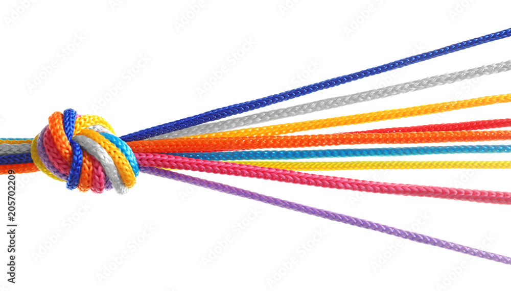 Colorful ropes tied together on white background. Unity concept - obrazy, fototapety, plakaty 
