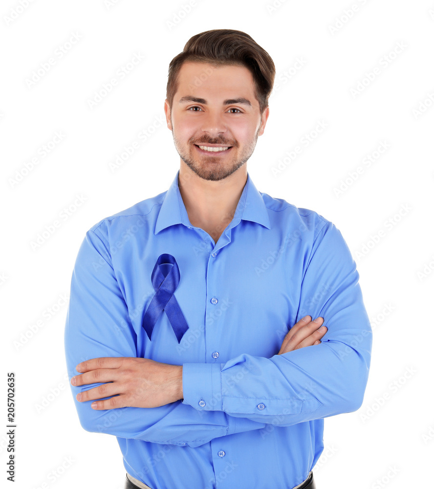 Young man with blue ribbon on white background. Urological cancer awareness Young man with blue ribbon on white background. Urological cancer awareness