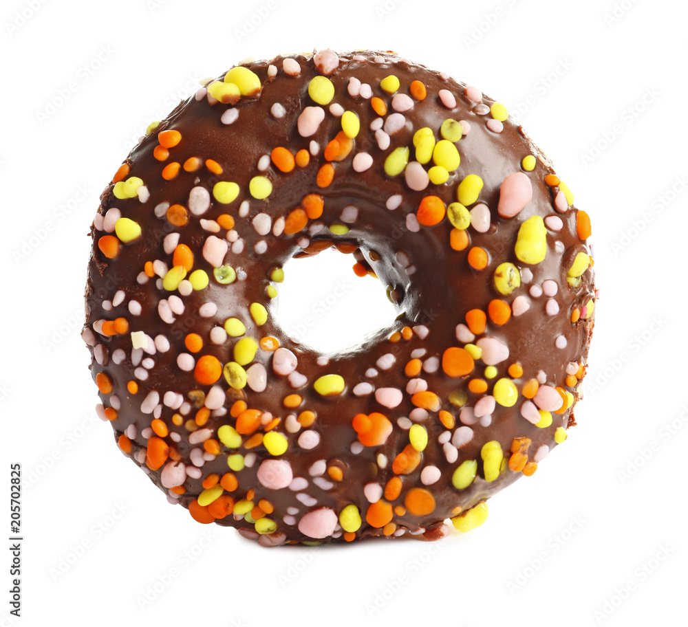 Delicious glazed doughnut with sprinkles on white background Delicious glazed doughnut with sprinkles on white background