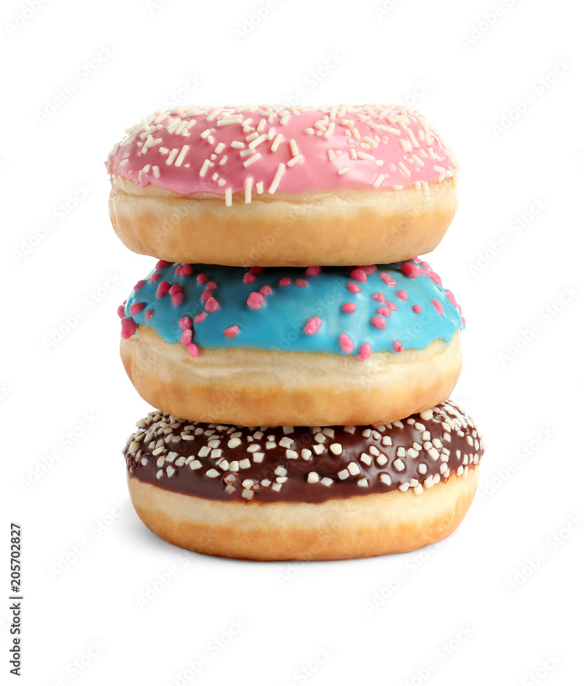 Delicious glazed doughnuts with sprinkles on white background Delicious glazed doughnuts with sprinkles on white background