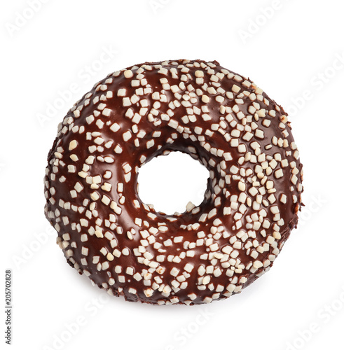 Delicious glazed doughnut with sprinkles on white background
