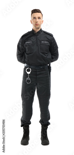 Male security guard in uniform on white background