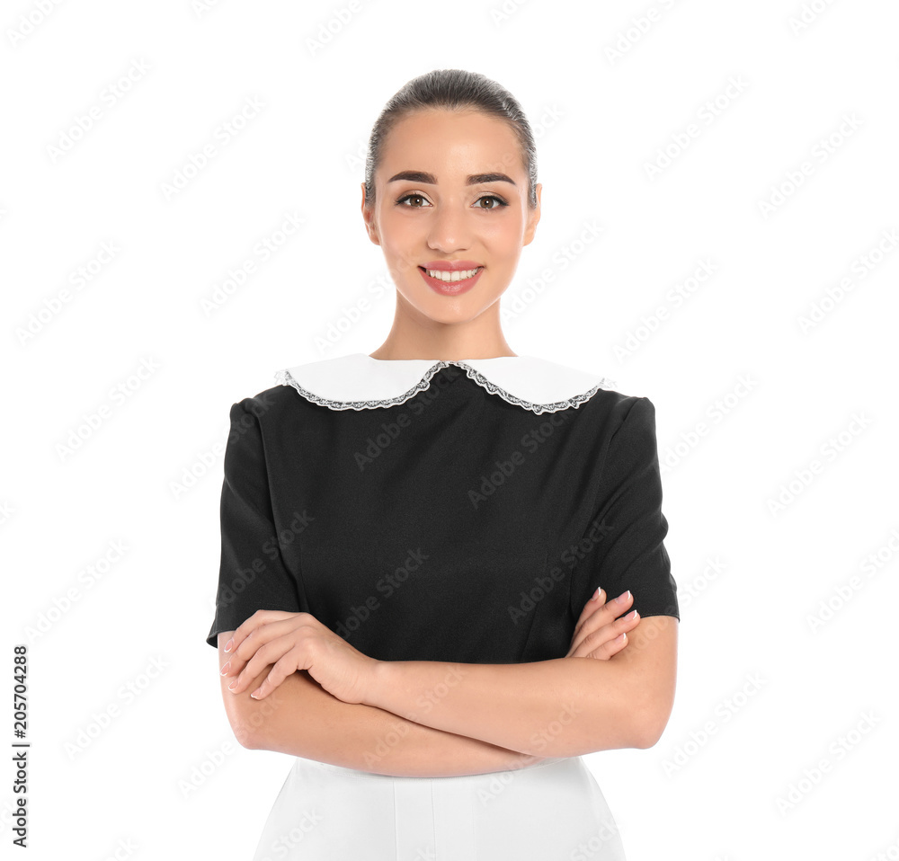 Portrait of young chambermaid in tidy uniform on white background Portrait of young chambermaid in tidy uniform on white background