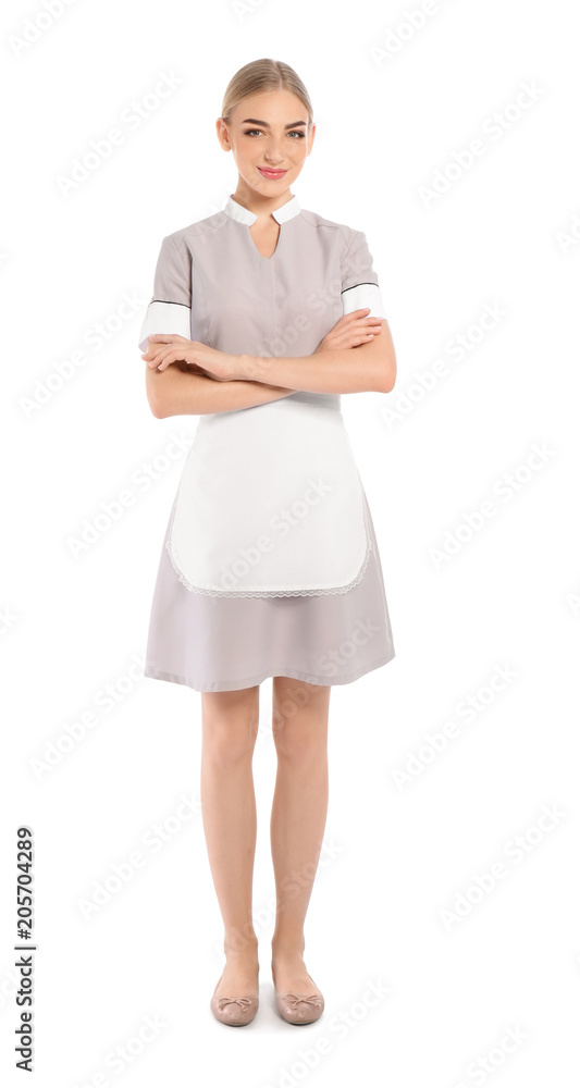 Full length portrait of young chambermaid in tidy uniform on white background Full length portrait of young chambermaid in tidy uniform on white background