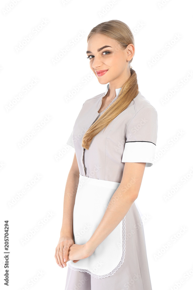 Portrait of young chambermaid in tidy uniform on white background Portrait of young chambermaid in tidy uniform on white background