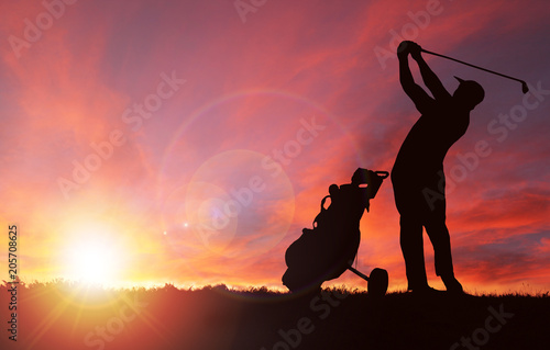 Golfer Silhouette During Sunset With Copy Space